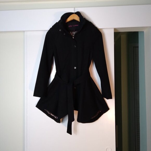 Black Skater HiLo Wool Blend High Neck Detachable Hood Leopard Lined Coat Sz4 - Picture 1 of 13